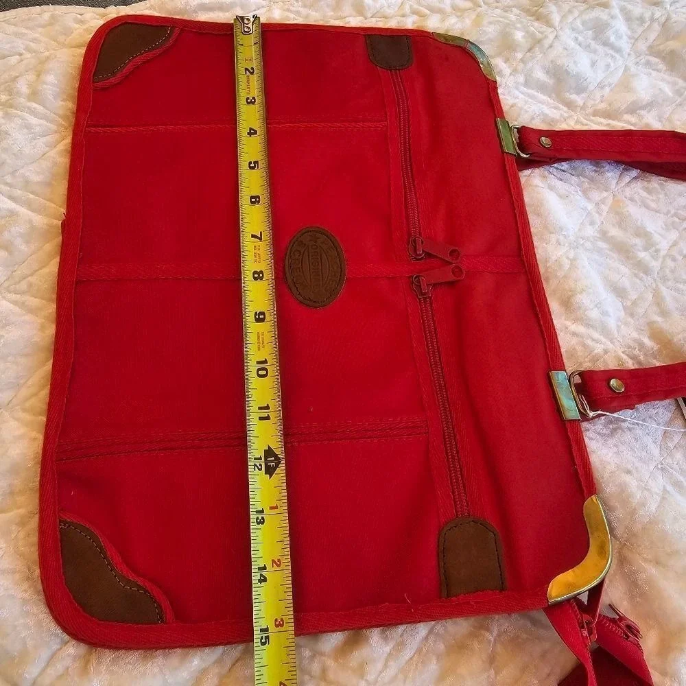 Holiday Fair  Red Canvas Briefcase Genuine‎ Leather Trim Vintage